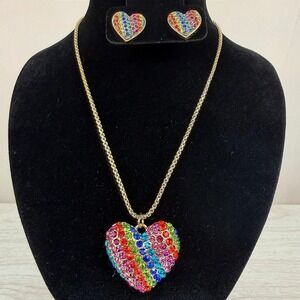 Vintage BETSEY JOHNSON Love Me Earrings Necklace Heart Pride Rainbow Glam Y2K
